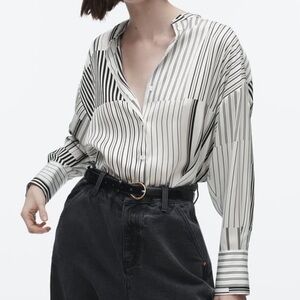 Zara | Collarless Multi Stripe Satin Button Down Blouse